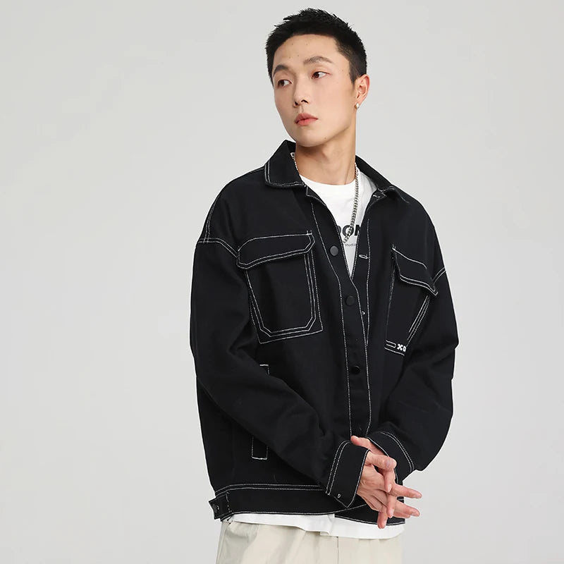New Contrast Color Drop Shoulder Denim Jacket Men's Black White Fashion Big Pocket Couple Harajuku Jean Jackets Plus Size M-5XL