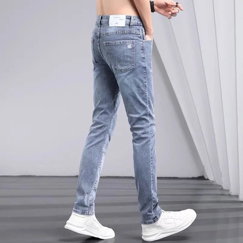 2025 Summer Light-colored Jeans Men's Trendy Brand Youth Slim-fit Elastic Pants Korean Long Pants Streetwear Men Pantalon Homme