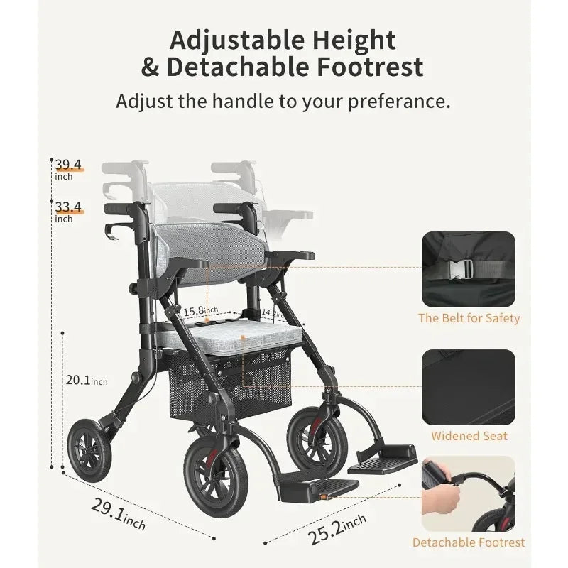 NEW Rollator Walkers for Seniors with Seat, Walker Wheelchair Combo, Adult Walkers All Terrain, 2 in 1 Rolling Walker Chair