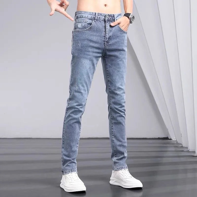 2025 Summer Light-colored Jeans Men's Trendy Brand Youth Slim-fit Elastic Pants Korean Long Pants Streetwear Men Pantalon Homme