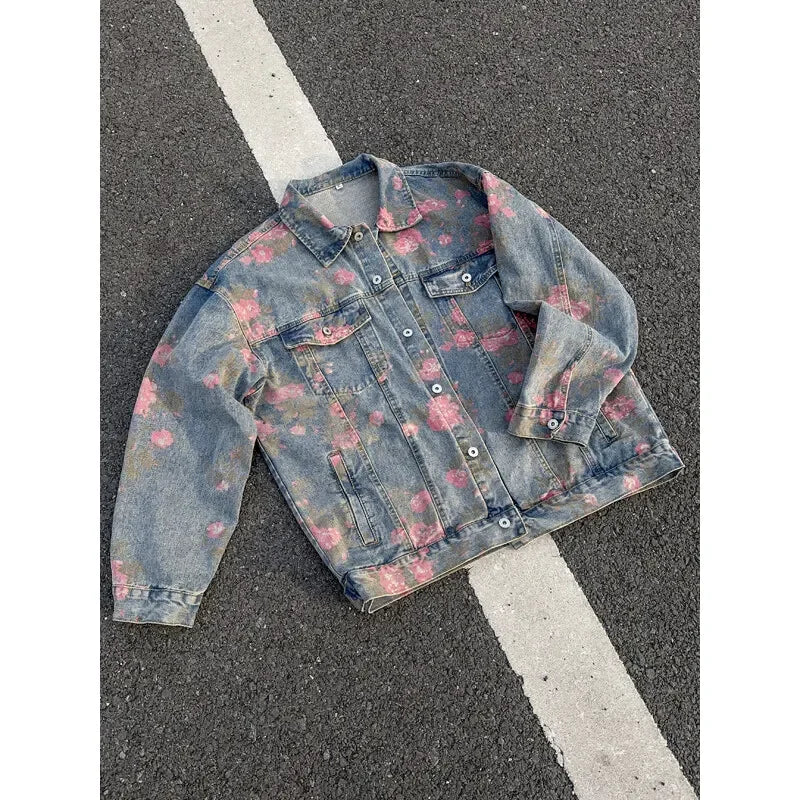 2025 2025 2025 New Rose Print Denim Jackets For Men Women Vintage Jeans Coats Gothic Oversized Male's Casual Clothes