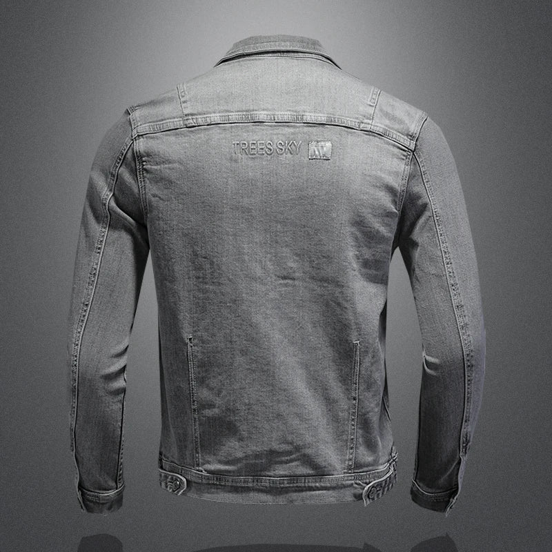 Fashion Denim Jacket Men Cotton Turn Down Collar Casual Mens Denim Coat Slim Fit Motocycle Jean Outerwear Single Breasted Jacket