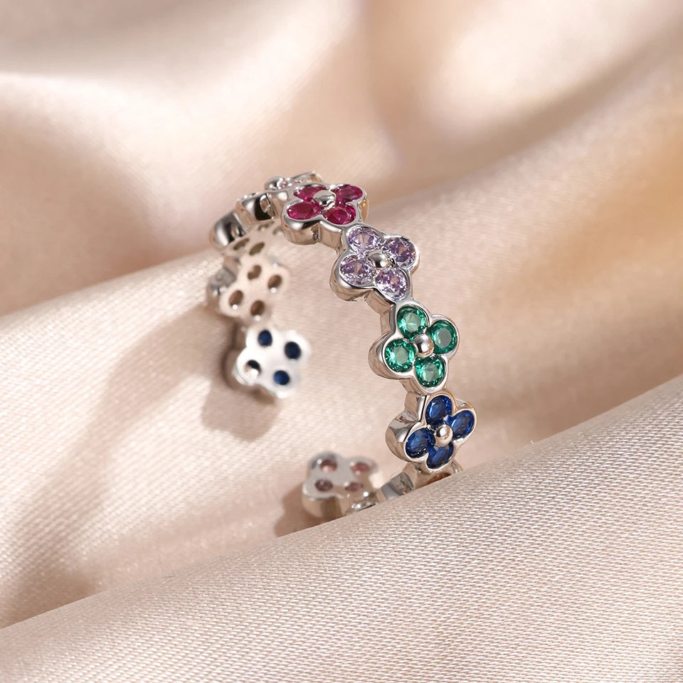 French 2pcs Niche Design Four-leaf Flower Zircon Rings Set For Women High Quality 18K Gold-plated Stainless Steel Finger Ring