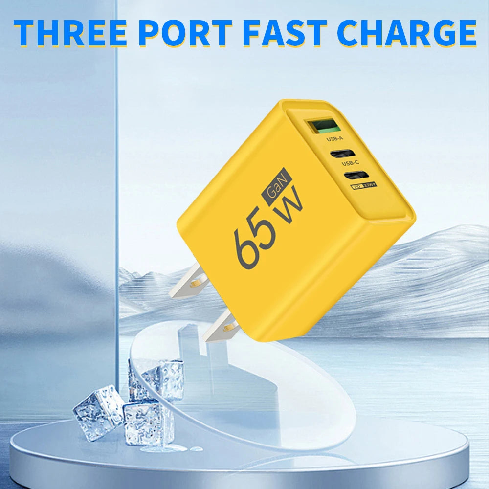 65W GaN USB Charger Type C PD 3 Ports Fast Charging Cellphone Adapter Quick Charge 3.0 For iPhone 16 15 Xiaomi 15 Samsung Huawei