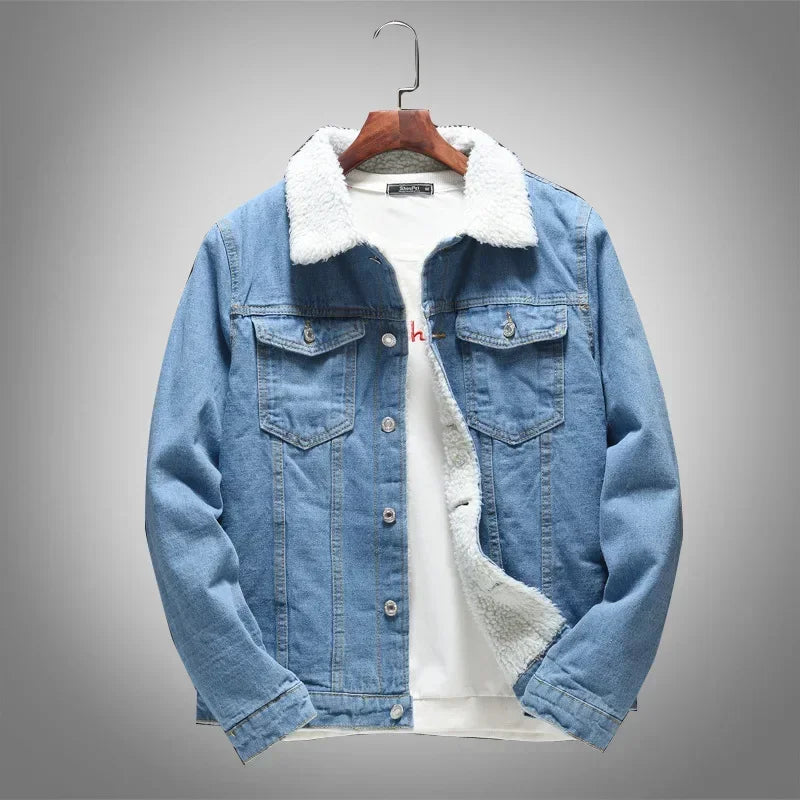 Winter New Fashion Men's Thicken Warm Lamb Wool Jean Jacket Causal Trendy American Multi Pocket Denim Jacket  Male Streetwear
