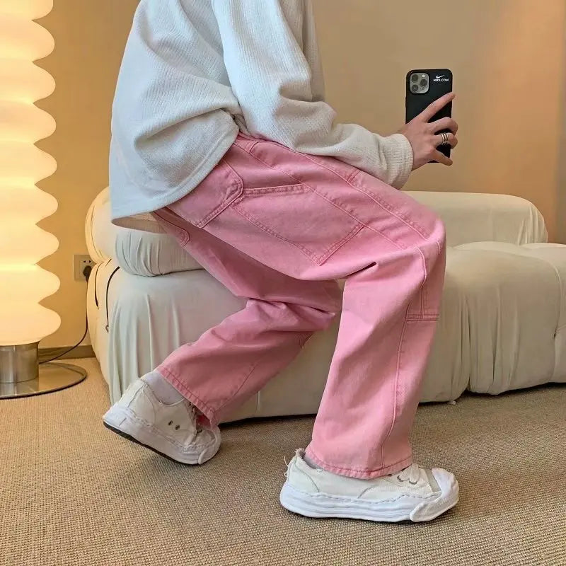 2023 New Fashion Pink Baggy Men Cargo Jeans Pants Elegant Straight Casual Women Solid Long Trousers Y2K Clothes Pantalon Homme