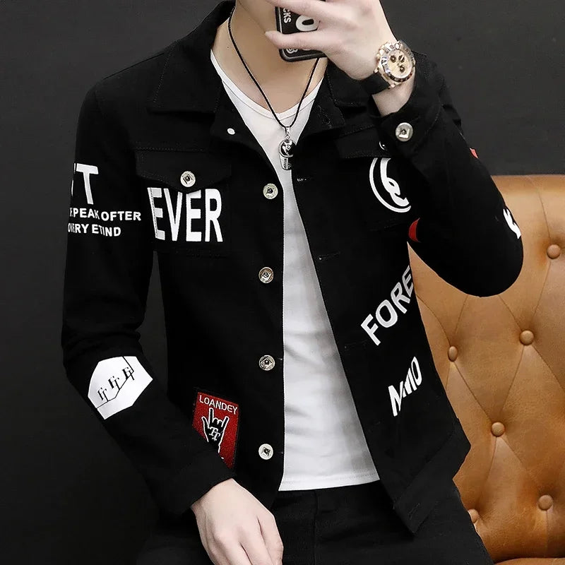 spring autumn New Men's Casual Cotton Denim Jacket Classic Style Fashion Slim Washed Retro Letter printing Jean Casual Coats