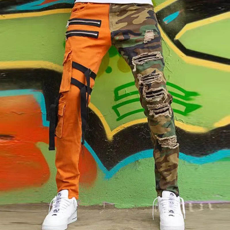 Techwear Style Men Patch Stitch Cargo Jeans Hip Hop Punk Goth Ripped Denim Trousers Vintage Skinny Jean Man Pants Pantalon Homme