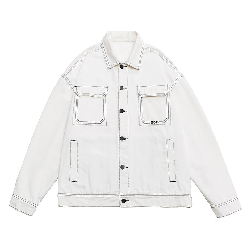 New Contrast Color Drop Shoulder Denim Jacket Men's Black White Fashion Big Pocket Couple Harajuku Jean Jackets Plus Size M-5XL