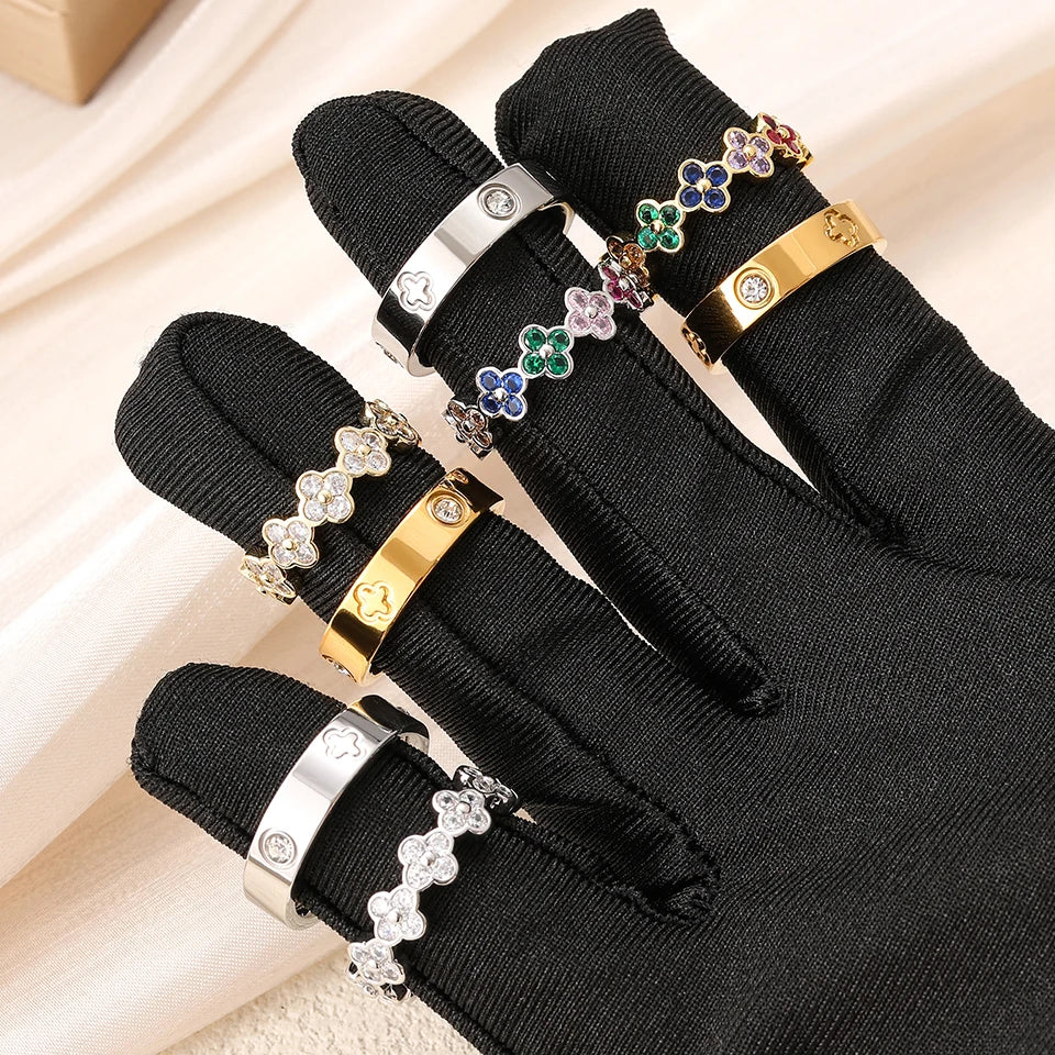 French 2pcs Niche Design Four-leaf Flower Zircon Rings Set For Women High Quality 18K Gold-plated Stainless Steel Finger Ring