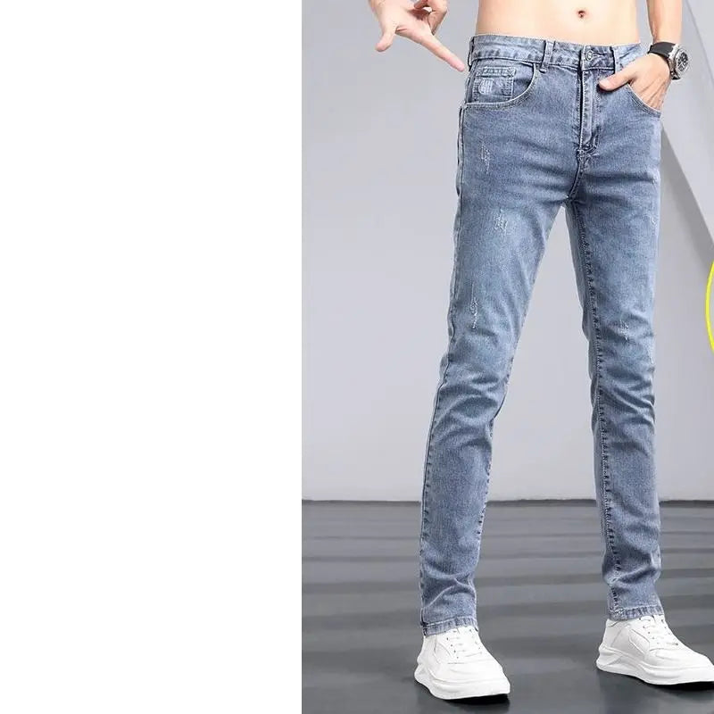 2025 Summer Light-colored Jeans Men's Trendy Brand Youth Slim-fit Elastic Pants Korean Long Pants Streetwear Men Pantalon Homme