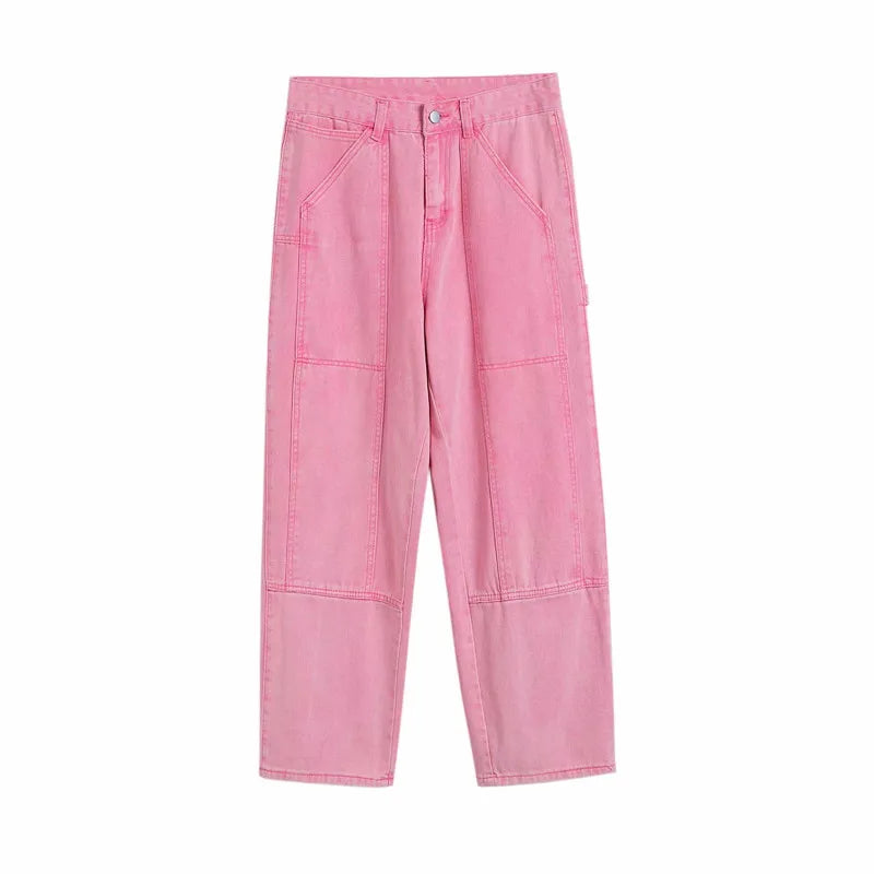2023 New Fashion Pink Baggy Men Cargo Jeans Pants Elegant Straight Casual Women Solid Long Trousers Y2K Clothes Pantalon Homme