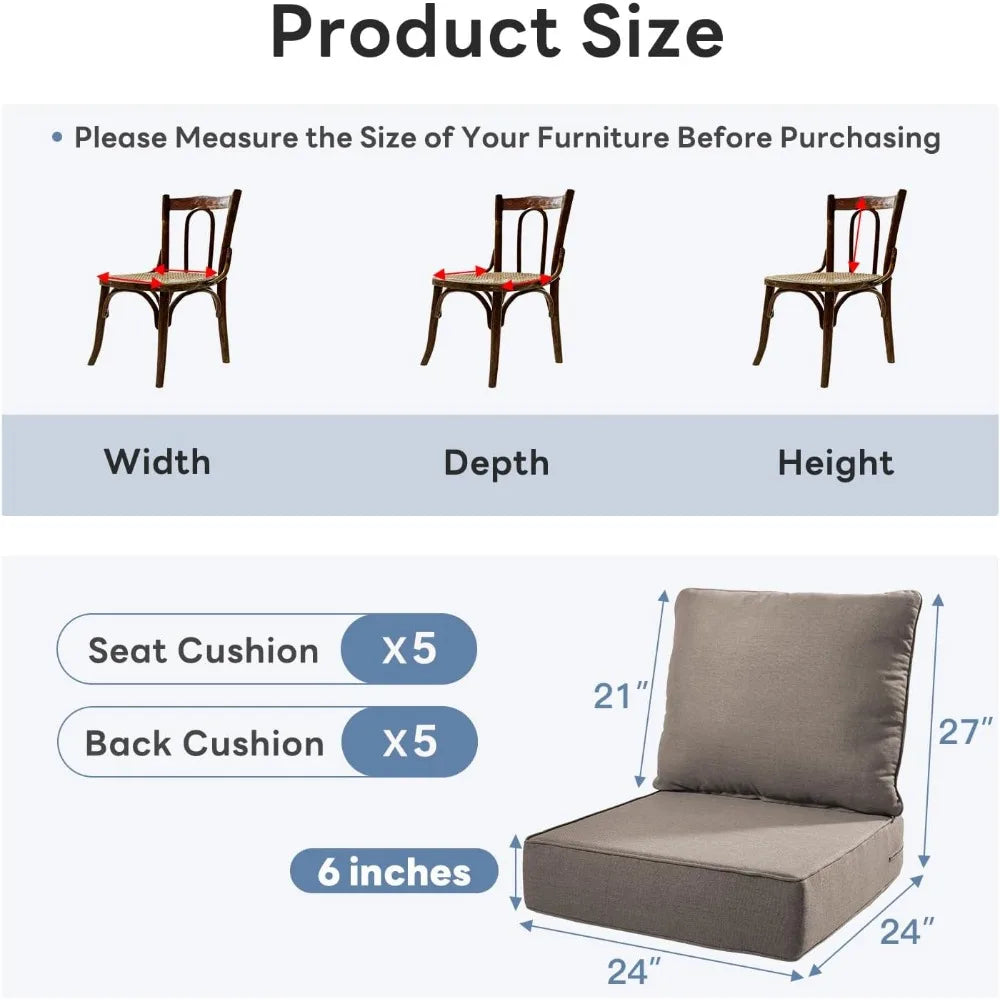 6" Thicker Outdoor Chair Cushion 5 Sets - 24" *24" *6" Waterproof Patio Furniture Cushions with Removable Cover, 28D High