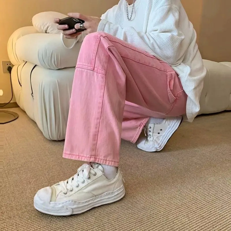 2023 New Fashion Pink Baggy Men Cargo Jeans Pants Elegant Straight Casual Women Solid Long Trousers Y2K Clothes Pantalon Homme