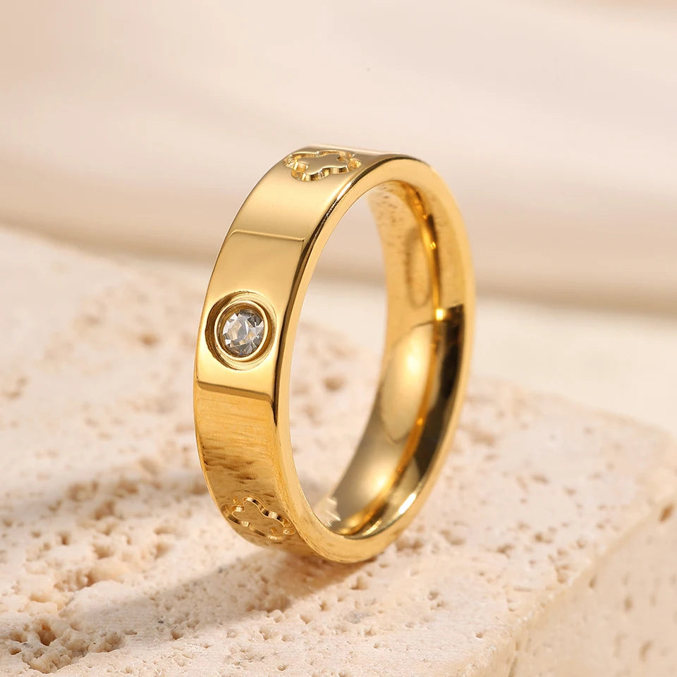 French 2pcs Niche Design Four-leaf Flower Zircon Rings Set For Women High Quality 18K Gold-plated Stainless Steel Finger Ring
