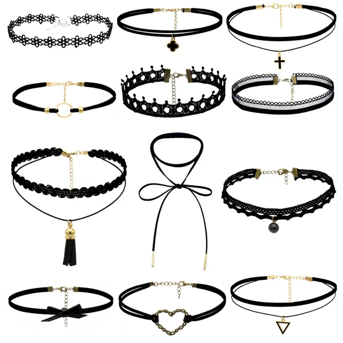 10PCS/Set Gothic Choker Necklaces Vintage Lace Layered PU Leather Collar Women's Halloween Gothic Neck Accessories