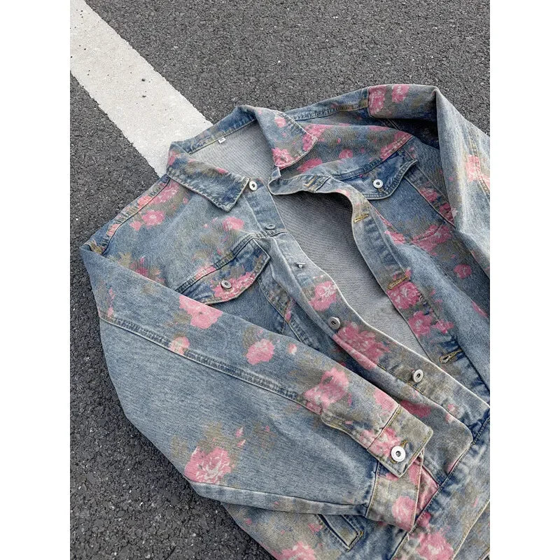 2025 2025 2025 New Rose Print Denim Jackets For Men Women Vintage Jeans Coats Gothic Oversized Male's Casual Clothes