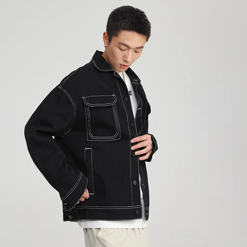 New Contrast Color Drop Shoulder Denim Jacket Men's Black White Fashion Big Pocket Couple Harajuku Jean Jackets Plus Size M-5XL