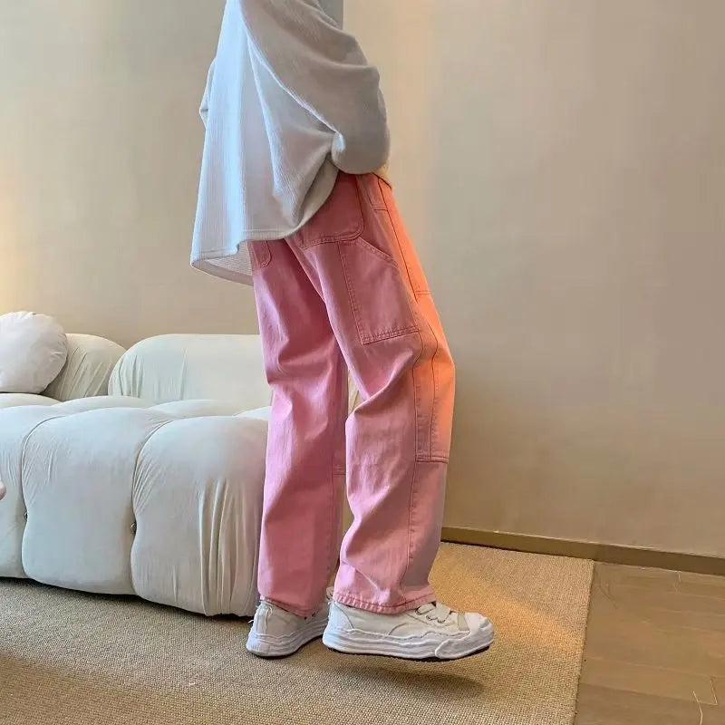 2023 New Fashion Pink Baggy Men Cargo Jeans Pants Elegant Straight Casual Women Solid Long Trousers Y2K Clothes Pantalon Homme