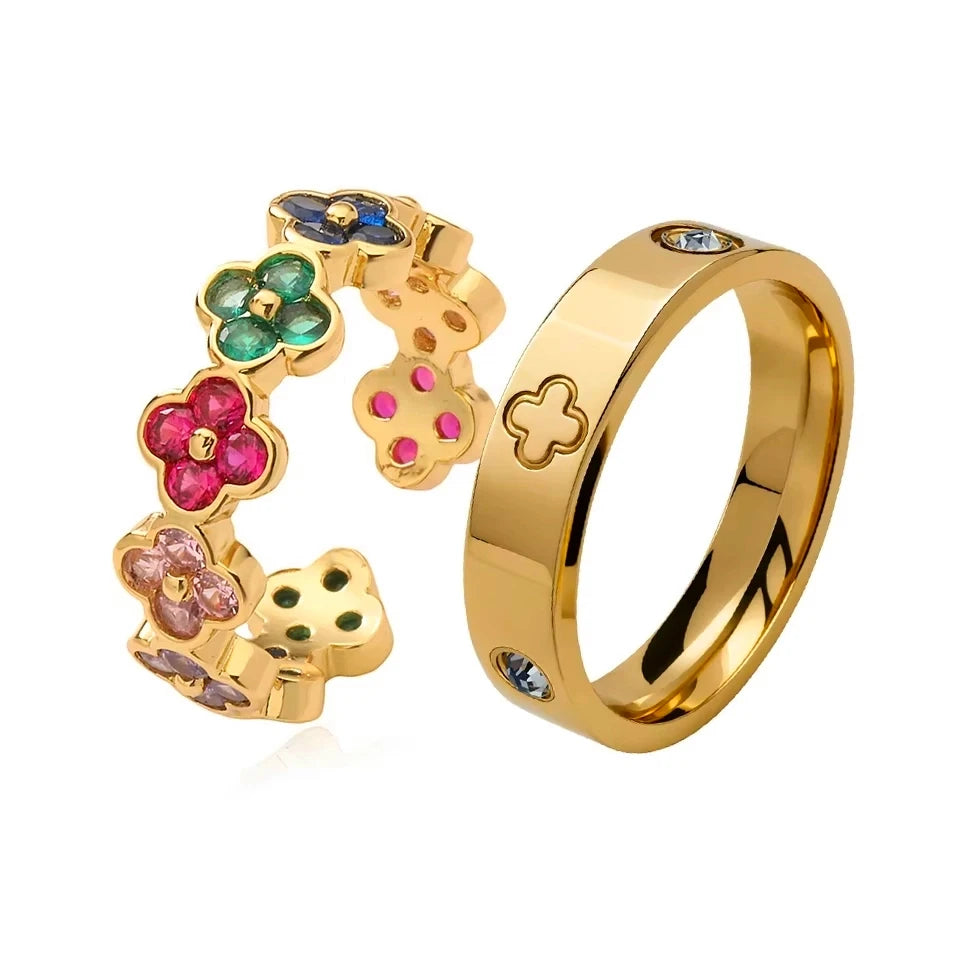 French 2pcs Niche Design Four-leaf Flower Zircon Rings Set For Women High Quality 18K Gold-plated Stainless Steel Finger Ring