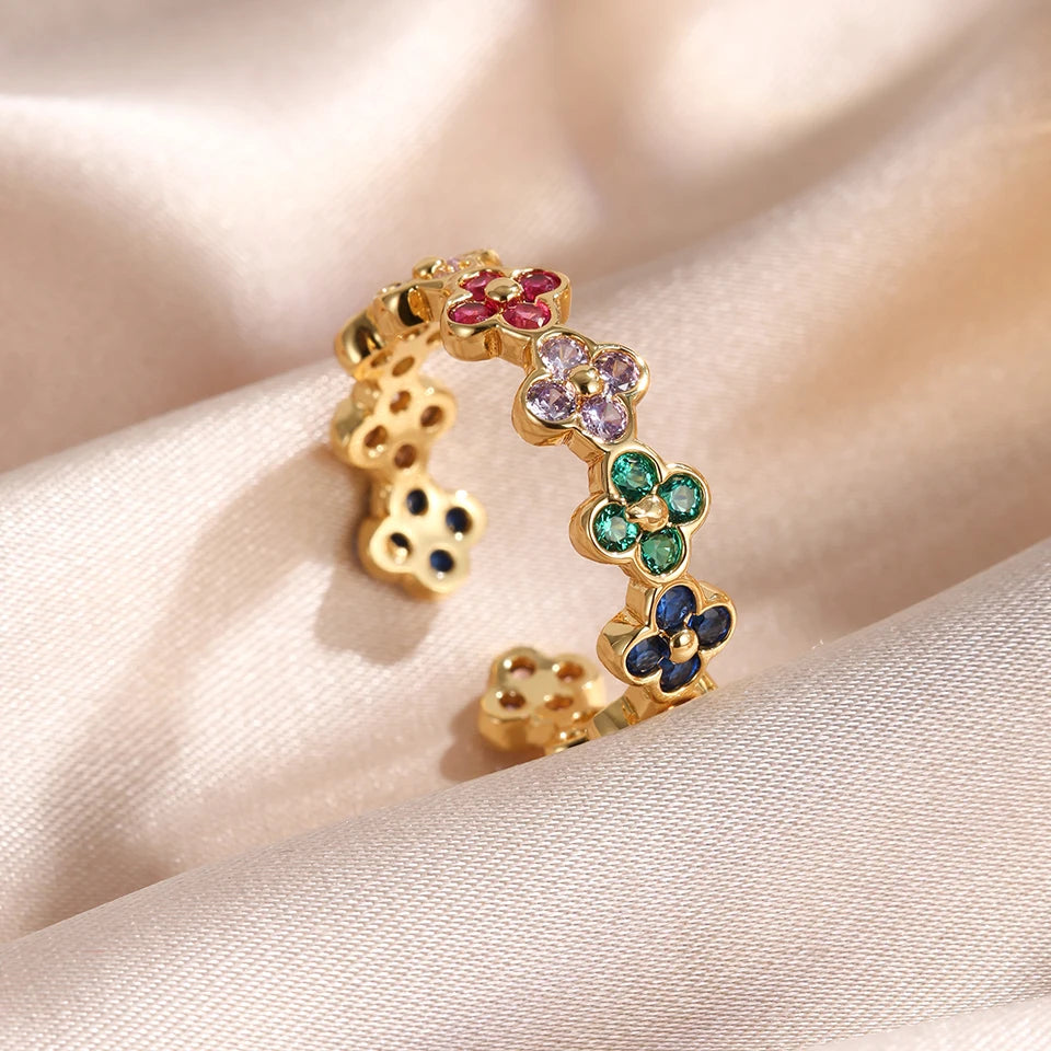 French 2pcs Niche Design Four-leaf Flower Zircon Rings Set For Women High Quality 18K Gold-plated Stainless Steel Finger Ring