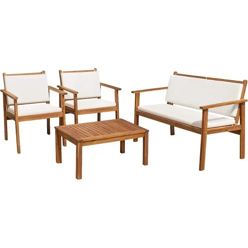 HOME Patio Furniture 4 Piece Outdoor Acacia Wood Patio Conversation Sofa Set with Table & Cushions Porch Furniture