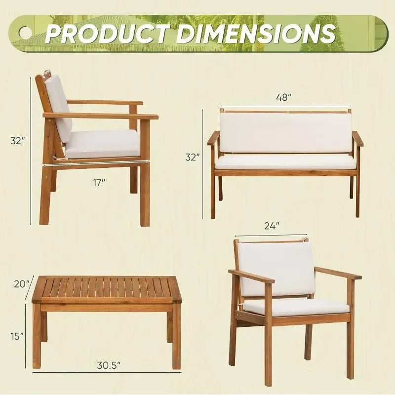 HOME Patio Furniture 4 Piece Outdoor Acacia Wood Patio Conversation Sofa Set with Table & Cushions Porch Furniture