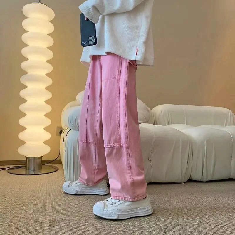 2023 New Fashion Pink Baggy Men Cargo Jeans Pants Elegant Straight Casual Women Solid Long Trousers Y2K Clothes Pantalon Homme