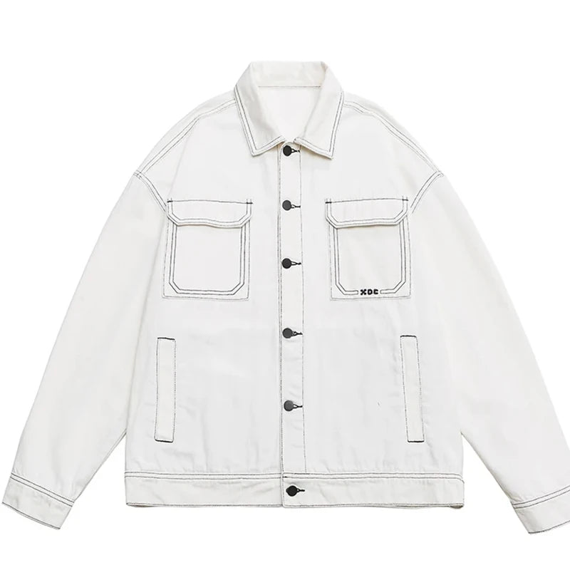 New Contrast Color Drop Shoulder Denim Jacket Men's Black White Fashion Big Pocket Couple Harajuku Jean Jackets Plus Size M-5XL