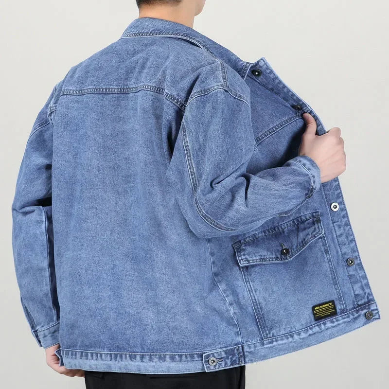 Spring Autumn New Fashion Men's Casual Trendy Multi Pocket Solid Color Denim Jacket Coat Loose Amaerican Jean Jacket  Male Tops