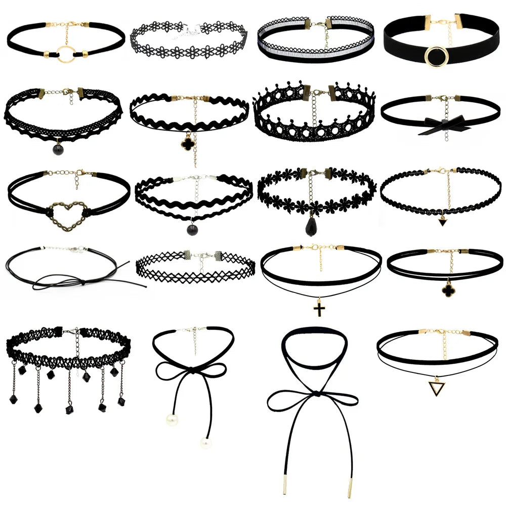 10PCS/Set Gothic Choker Necklaces Vintage Lace Layered PU Leather Collar Women's Halloween Gothic Neck Accessories
