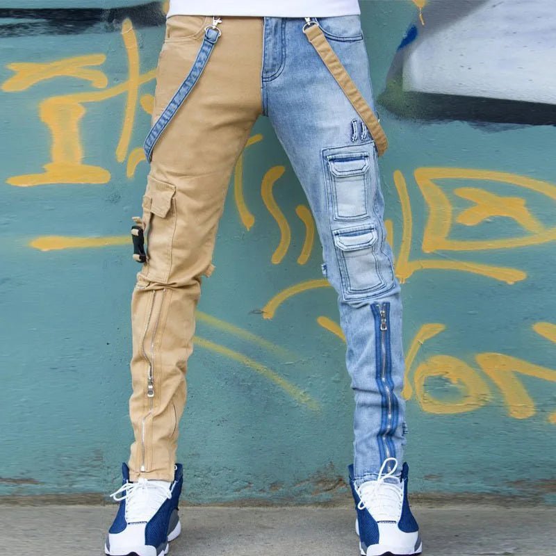 Techwear Style Men Patch Stitch Cargo Jeans Hip Hop Punk Goth Ripped Denim Trousers Vintage Skinny Jean Man Pants Pantalon Homme