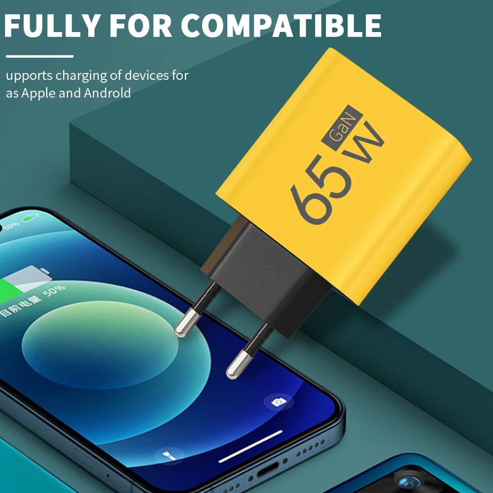 65W GaN USB Charger Type C PD 3 Ports Fast Charging Cellphone Adapter Quick Charge 3.0 For iPhone 16 15 Xiaomi 15 Samsung Huawei