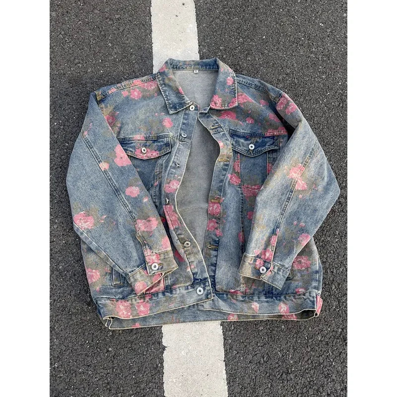 2025 2025 2025 New Rose Print Denim Jackets For Men Women Vintage Jeans Coats Gothic Oversized Male's Casual Clothes