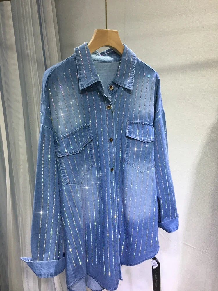 Women Hot Drilling Diamonds Shirts Coat Classic Denim Blue Loose Mid Length Rhinestones Jeans Blouses Autumn Cardigan Blusas