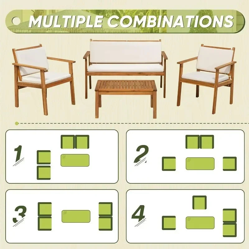 HOME Patio Furniture 4 Piece Outdoor Acacia Wood Patio Conversation Sofa Set with Table & Cushions Porch Furniture