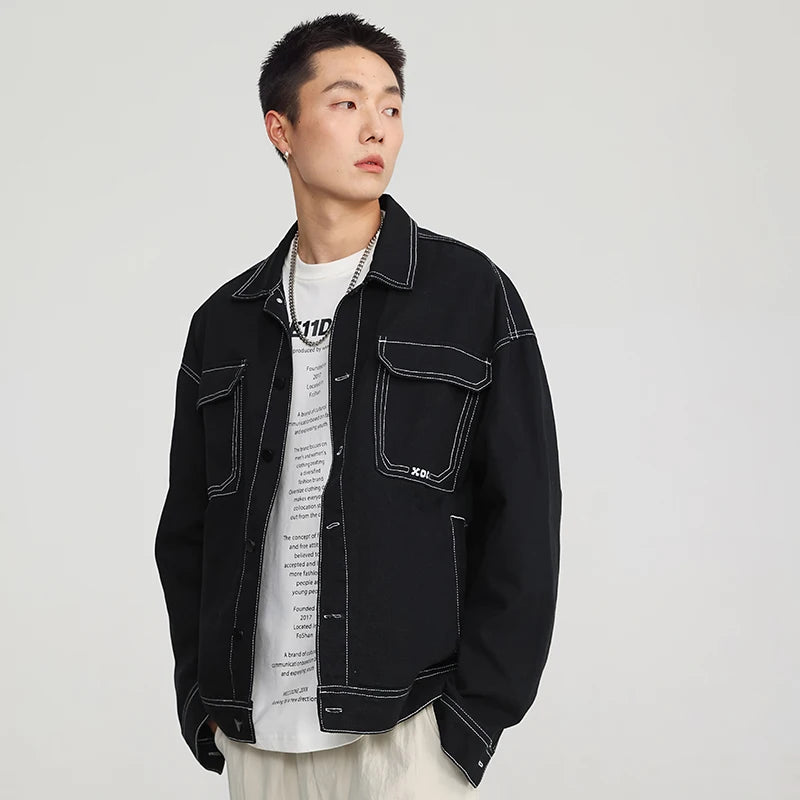 New Contrast Color Drop Shoulder Denim Jacket Men's Black White Fashion Big Pocket Couple Harajuku Jean Jackets Plus Size M-5XL