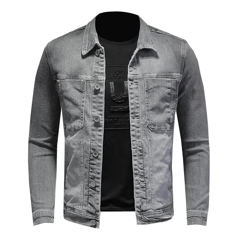 Fashion Denim Jacket Men Cotton Turn Down Collar Casual Mens Denim Coat Slim Fit Motocycle Jean Outerwear Single Breasted Jacket