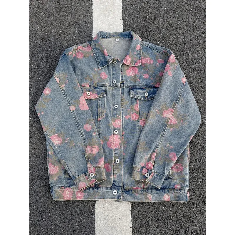 2025 2025 2025 New Rose Print Denim Jackets For Men Women Vintage Jeans Coats Gothic Oversized Male's Casual Clothes