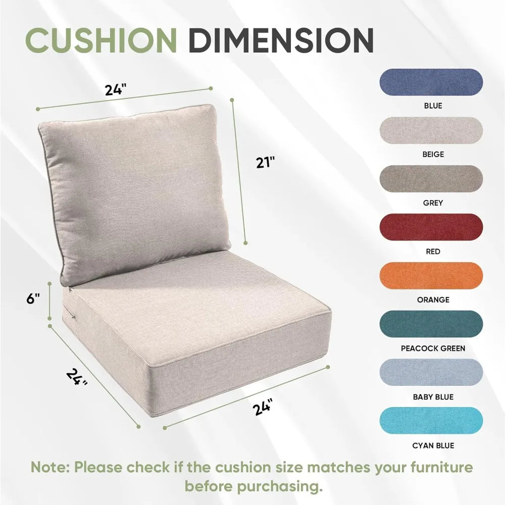 Outdoor Chair Cushions Set of 3, Waterproof 24x24 Patio Chair Cushion, 6" Thickened Seat Cushion for Outdoor Furniture