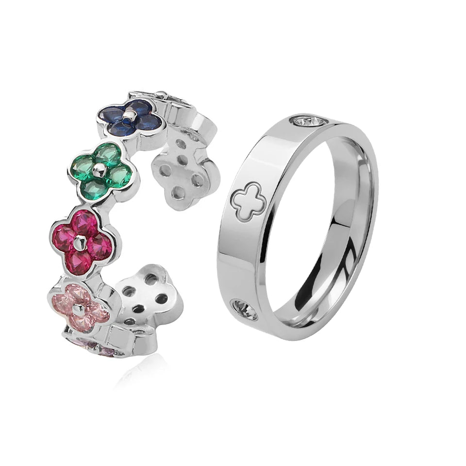 French 2pcs Niche Design Four-leaf Flower Zircon Rings Set For Women High Quality 18K Gold-plated Stainless Steel Finger Ring