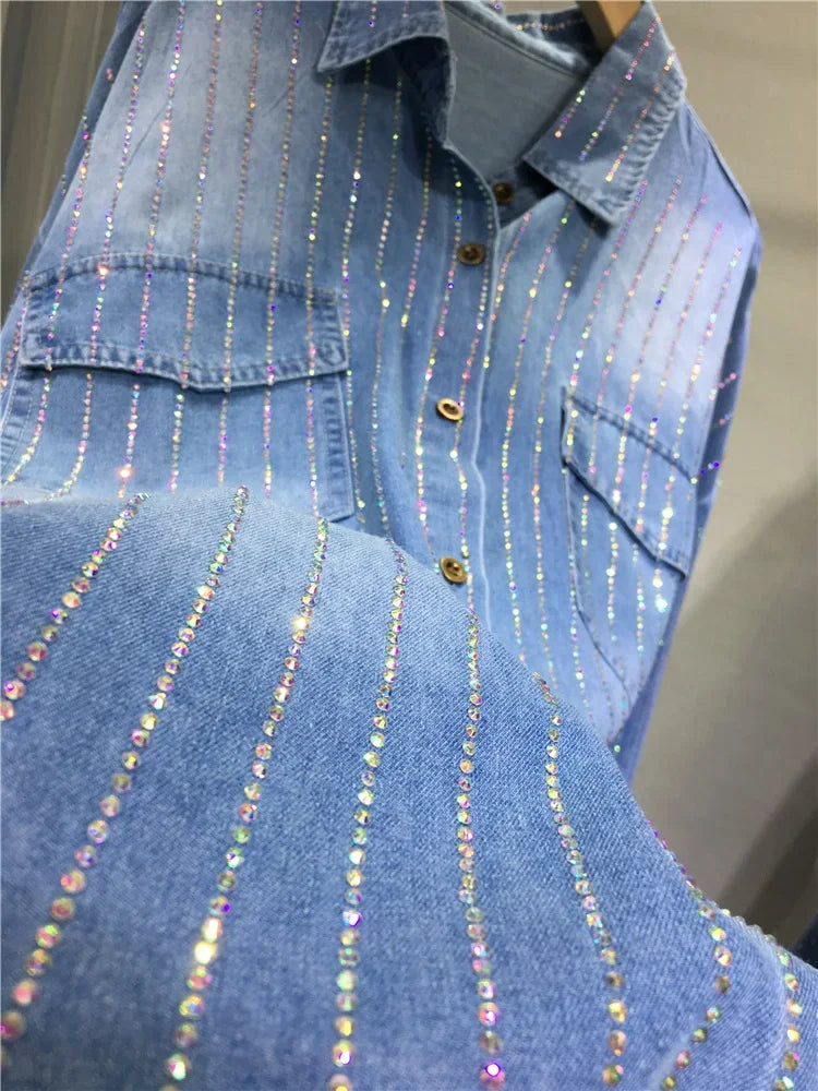 Women Hot Drilling Diamonds Shirts Coat Classic Denim Blue Loose Mid Length Rhinestones Jeans Blouses Autumn Cardigan Blusas