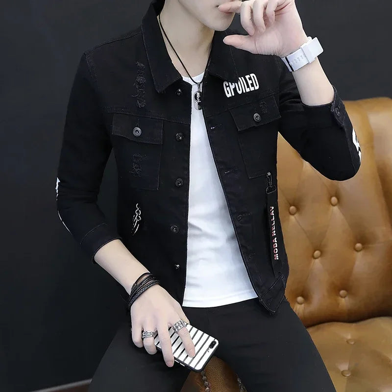spring autumn New Men's Casual Cotton Denim Jacket Classic Style Fashion Slim Washed Retro Letter printing Jean Casual Coats
