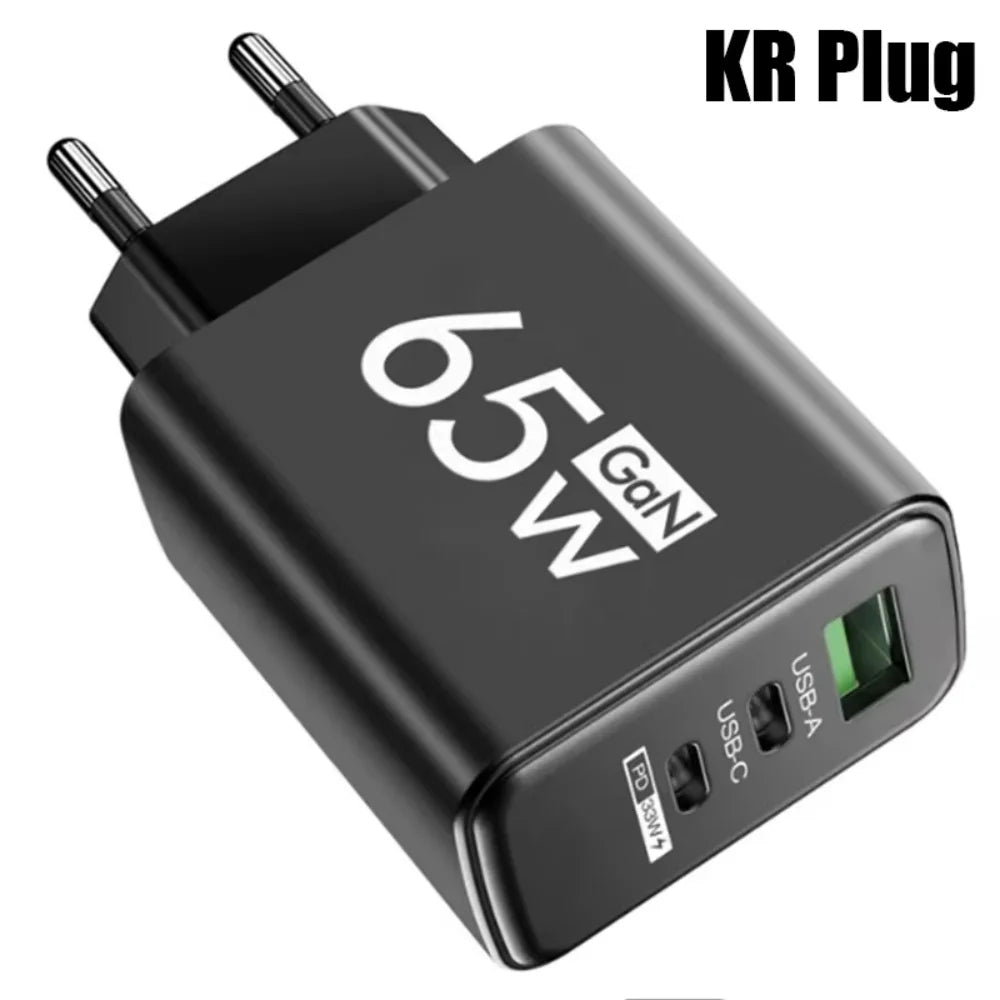 65W GaN USB Charger Type C PD 3 Ports Fast Charging Cellphone Adapter Quick Charge 3.0 For iPhone 16 15 Xiaomi 15 Samsung Huawei