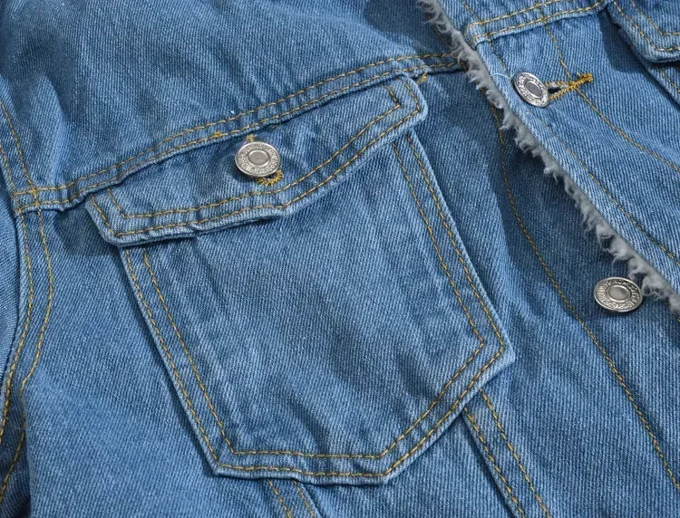Winter New Fashion Men's Thicken Warm Lamb Wool Jean Jacket Causal Trendy American Multi Pocket Denim Jacket  Male Streetwear