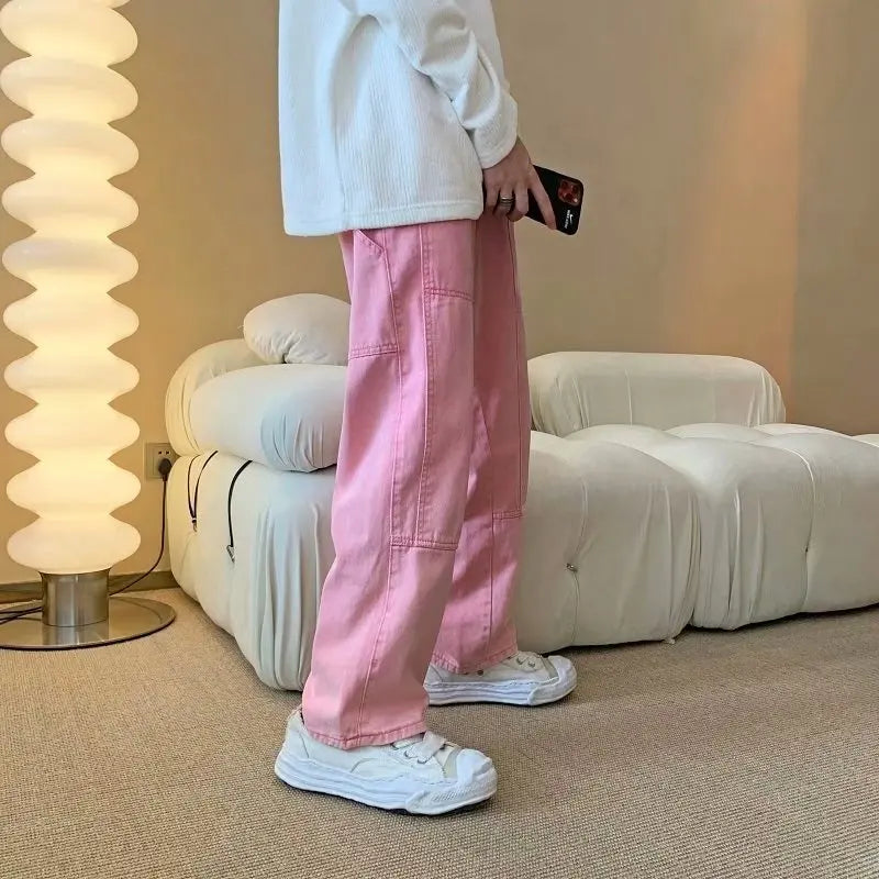 2023 New Fashion Pink Baggy Men Cargo Jeans Pants Elegant Straight Casual Women Solid Long Trousers Y2K Clothes Pantalon Homme
