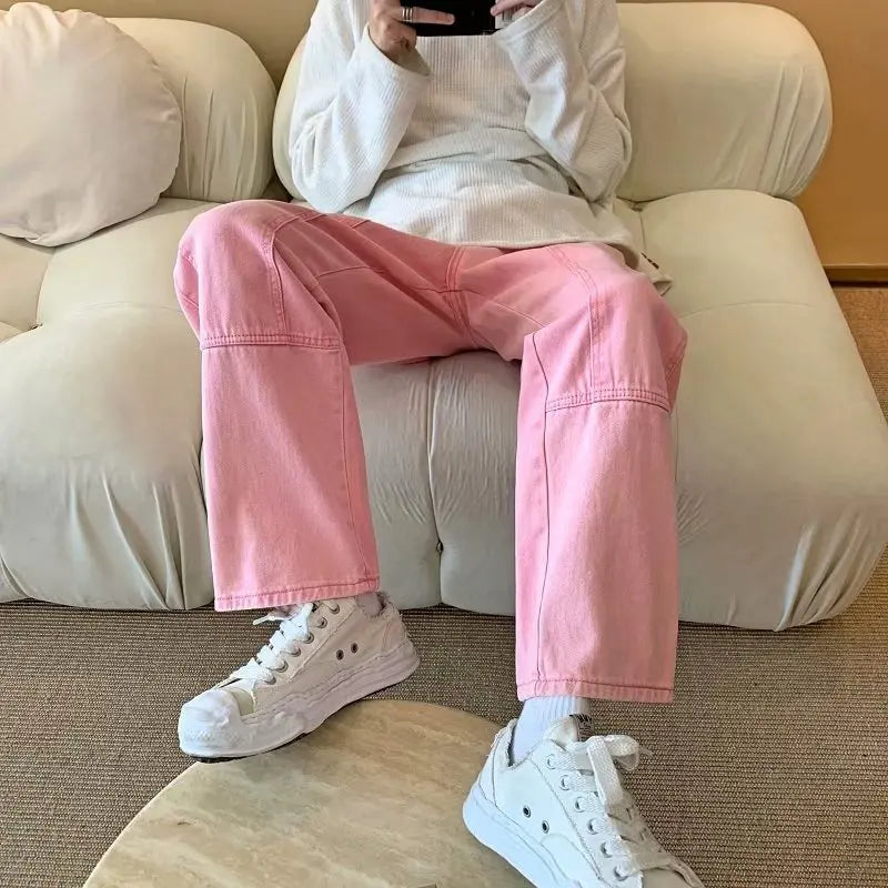 2023 New Fashion Pink Baggy Men Cargo Jeans Pants Elegant Straight Casual Women Solid Long Trousers Y2K Clothes Pantalon Homme