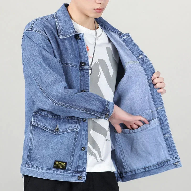 Spring Autumn New Fashion Men's Casual Trendy Multi Pocket Solid Color Denim Jacket Coat Loose Amaerican Jean Jacket  Male Tops