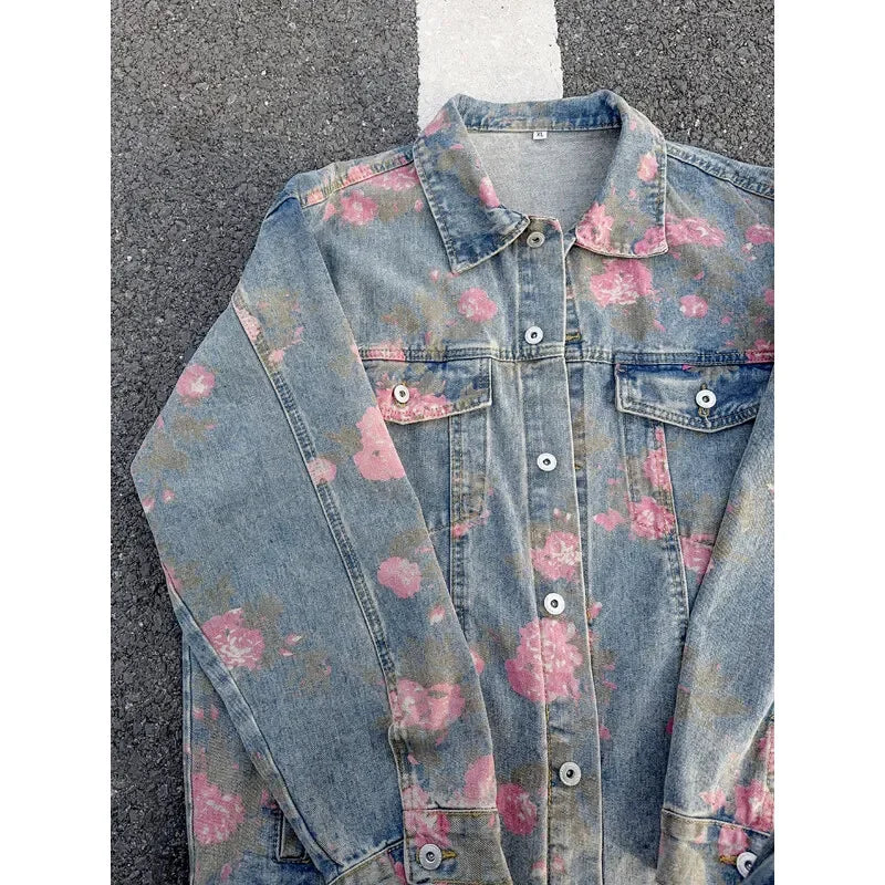 2025 2025 2025 New Rose Print Denim Jackets For Men Women Vintage Jeans Coats Gothic Oversized Male's Casual Clothes