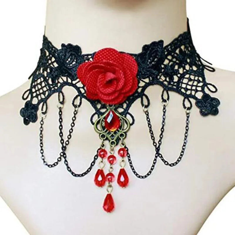 Lady Chokers Leaf Tassel Women Neck Jewelry Accessory Girl Lace Gothic Vintage Sexy Fashion Velvet Rose Beads Flower Necklace